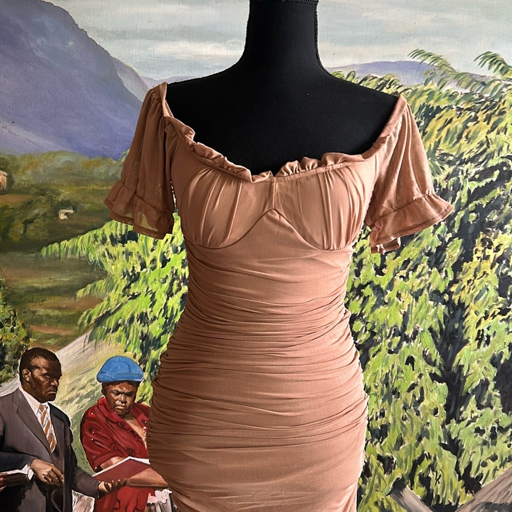 Tan off shoulder ruched mesh dress